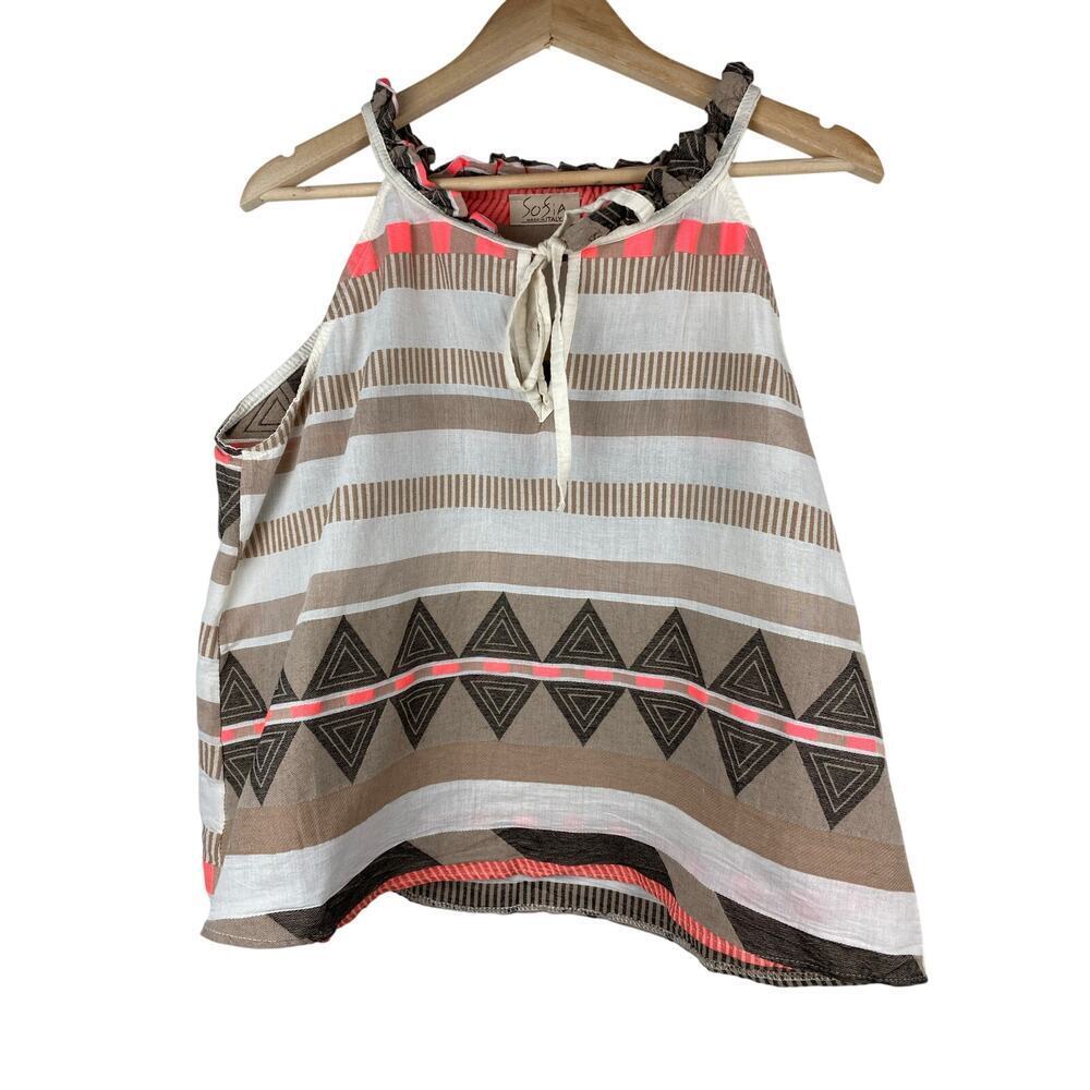 Sofia Women's S Tan Cream Geometric‎ Ruffle Neck Tank Top Made in Italy *